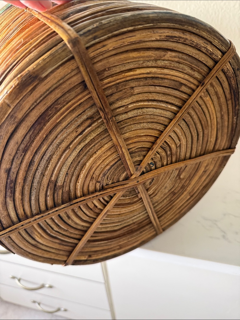 Vintage Pencil Reed Bamboo Basket with Brass Rim Large - Picture 5 of 6